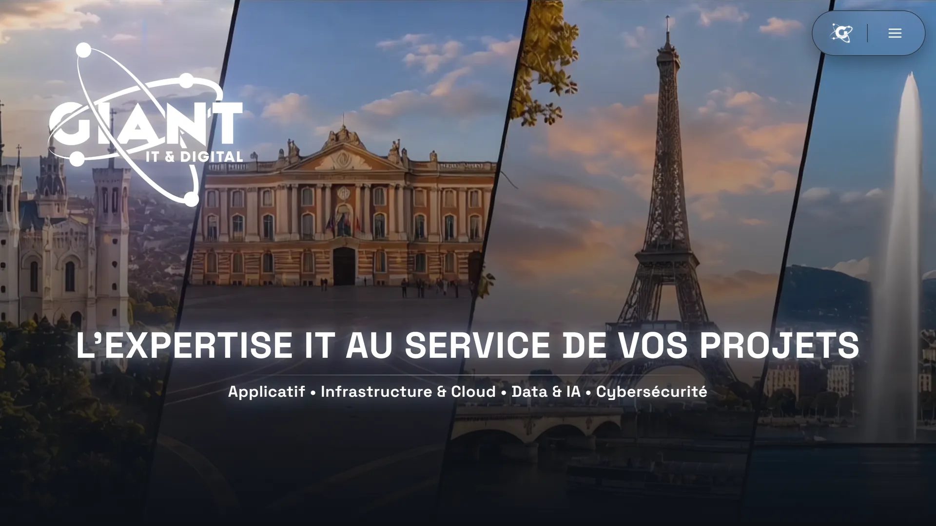 Accueil de giant-consulting.fr : villes en arrière-plan et accroche « L’expertise IT au service de vos projets »