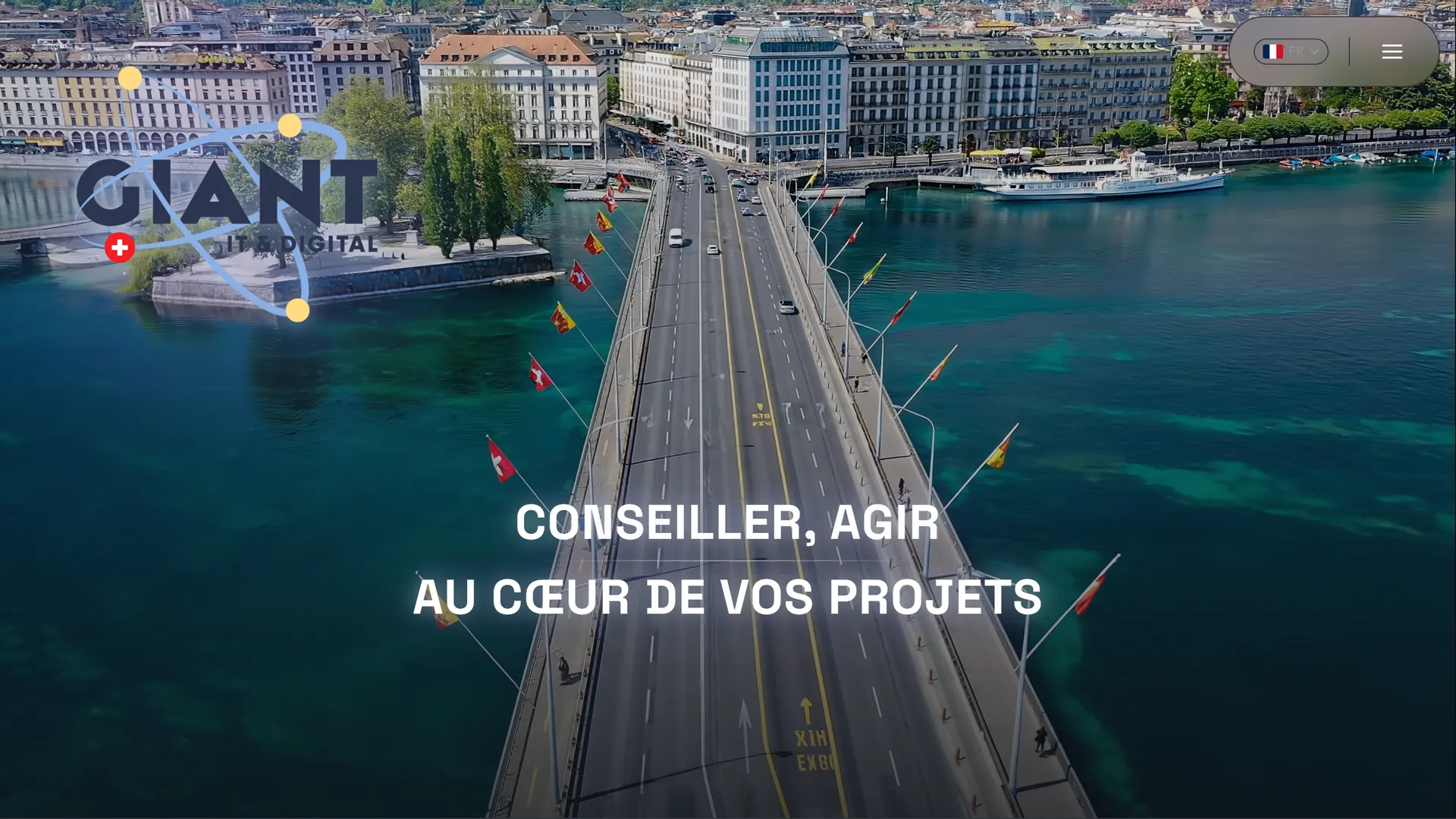 Accueil du site Suisse : vidéo aérienne de Genève et accroche « Conseiller, agir au cœur de vos projets »