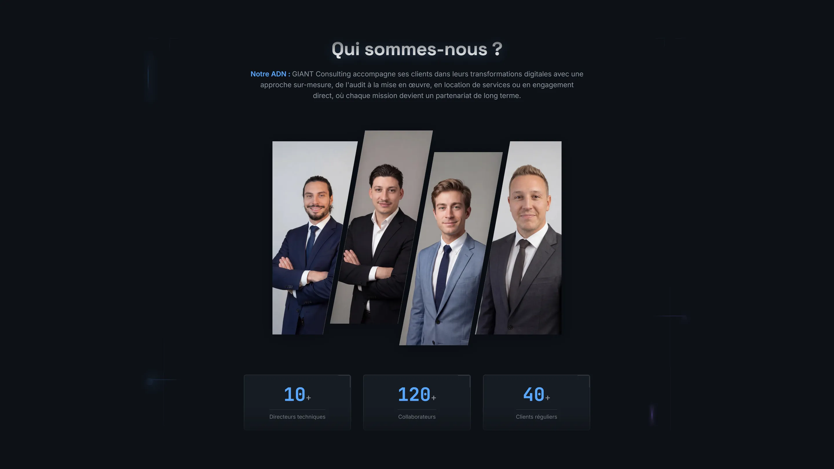Section Qui sommes-nous : présentation de l’ESN, photos de l’équipe et chiffres clés