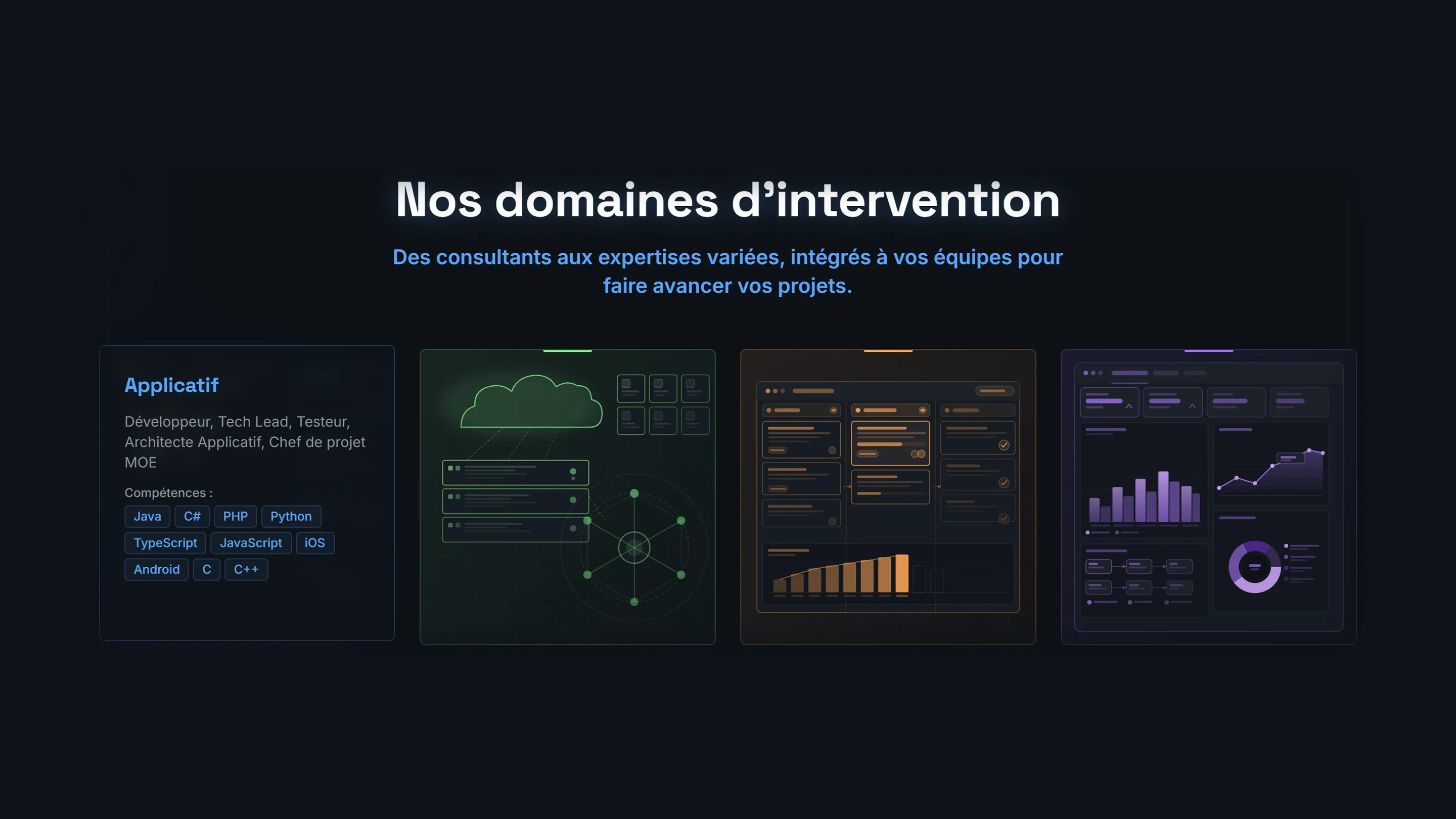 Section Nos domaines d’intervention : quatre cartes, dont Applicatif retournée avec ses métiers et compétences