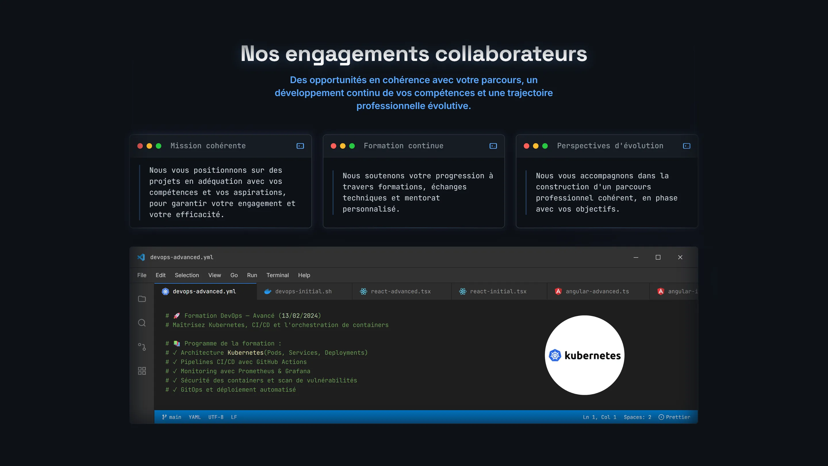 Section Nos engagements collaborateurs, avec un éditeur de code présentant une formation DevOps