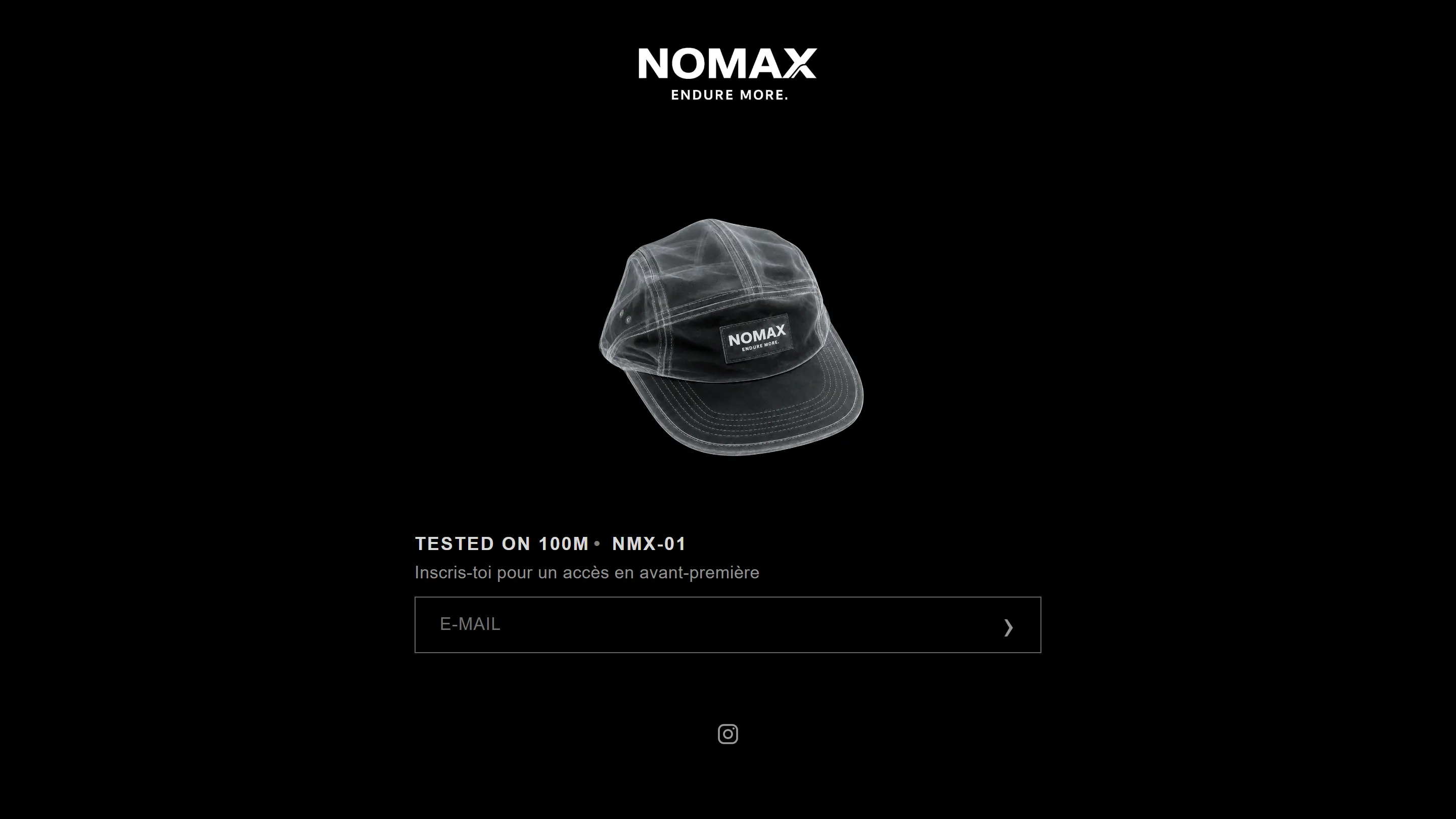 Page d’avant-première NOMAX en desktop : logo, casquette, accroche et champ e-mail