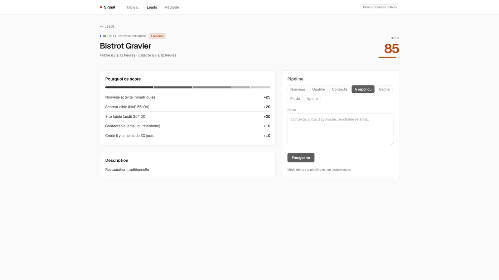 Fiche d’une nouvelle entreprise avec le détail du score