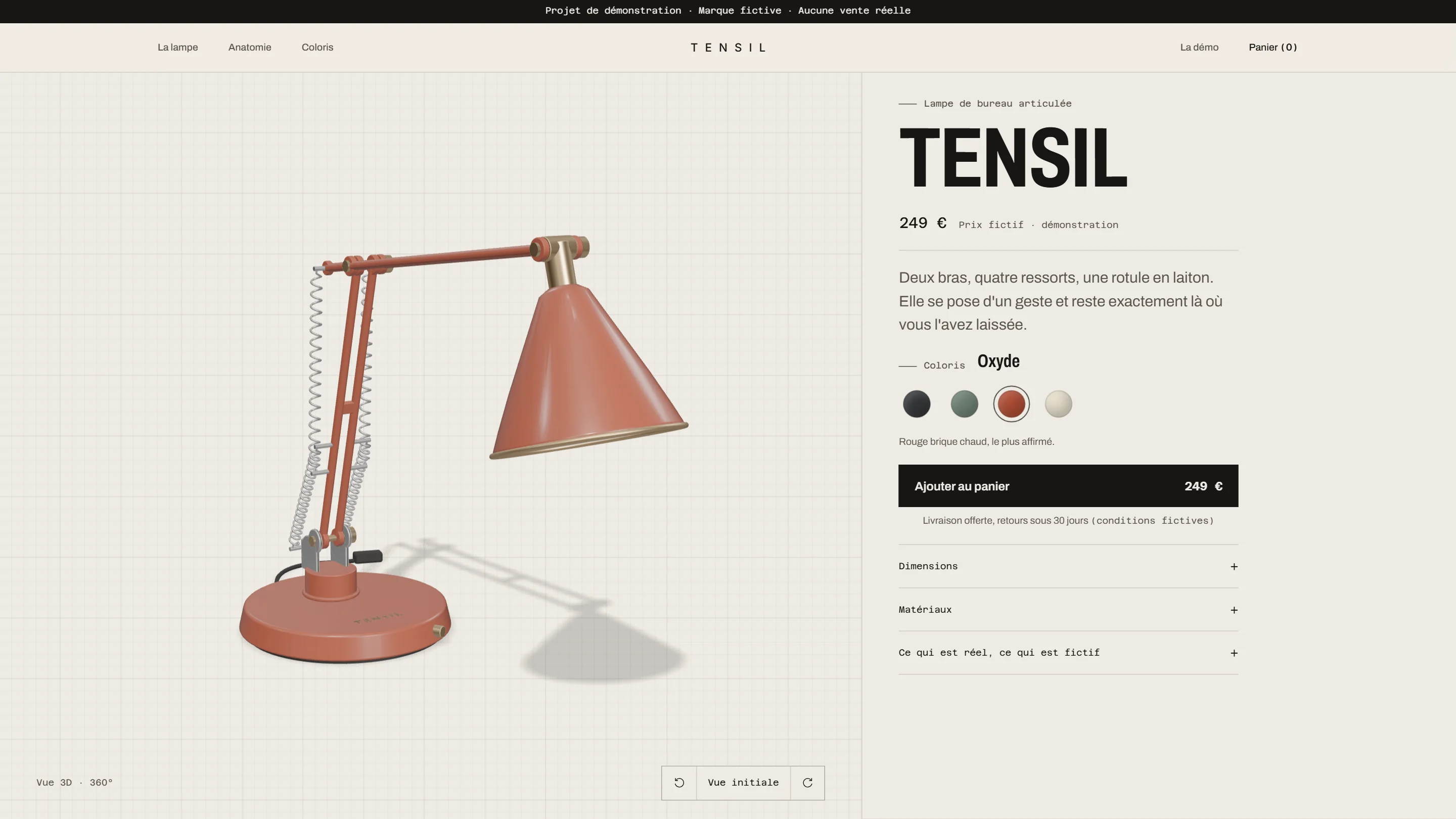 Même page en coloris Oxyde, lampe tournée