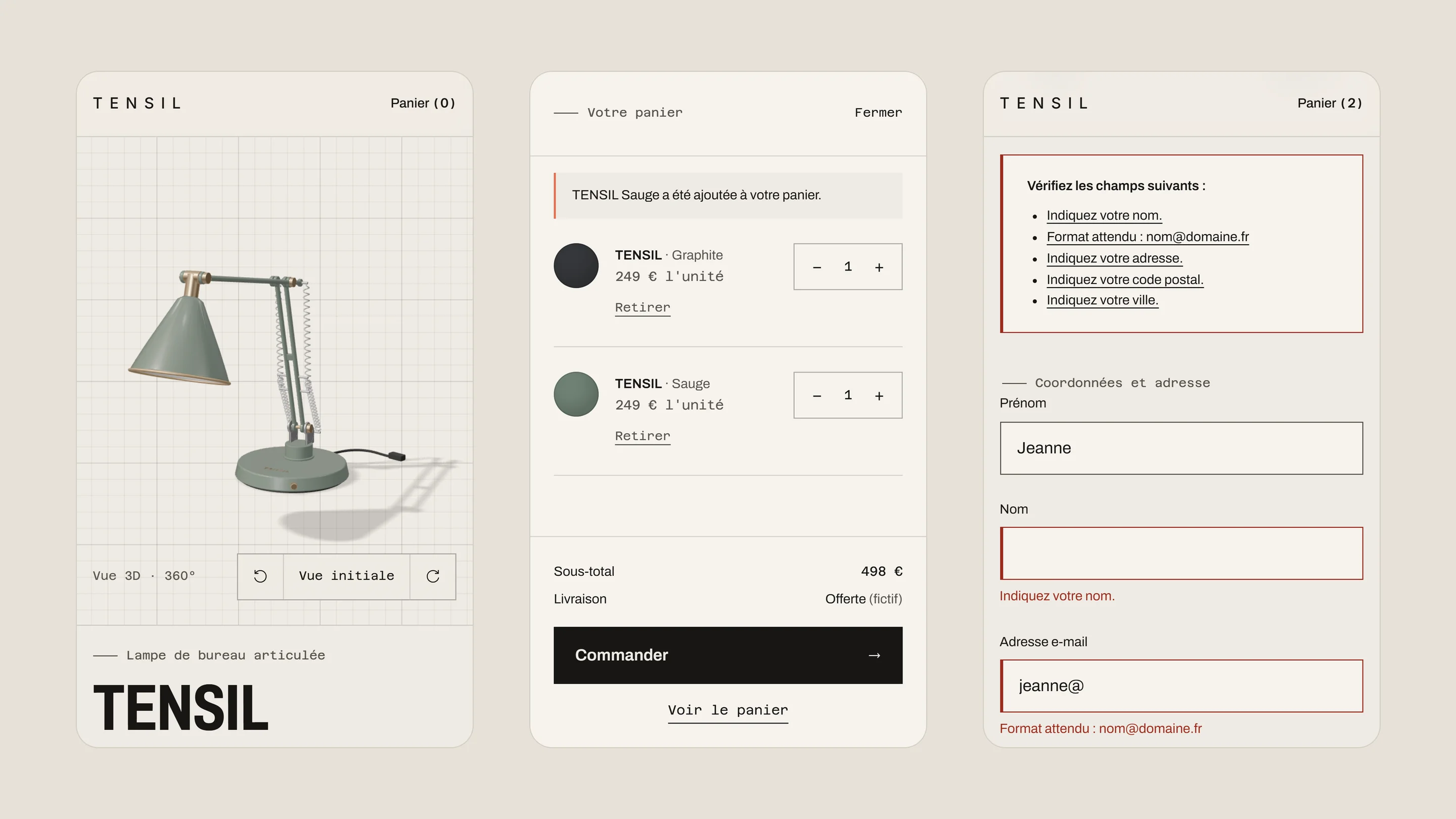 Trois écrans mobiles : vue 3D, tiroir panier, erreurs de commande